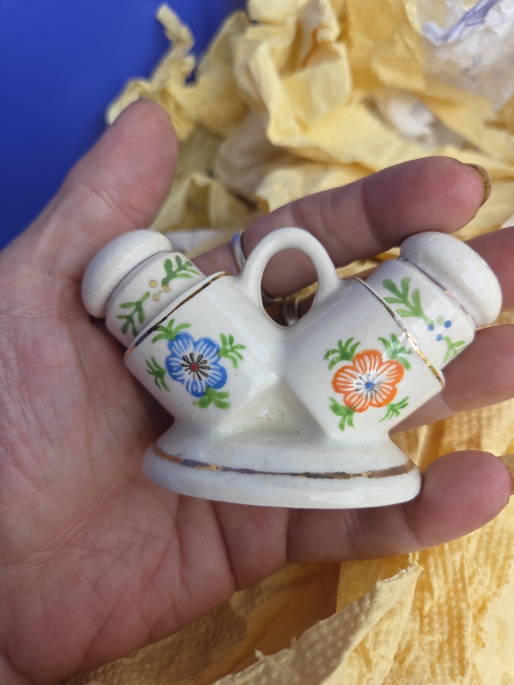 Vintage Ceramic Double Salt & Pepper Shaker with Floral Motif - White